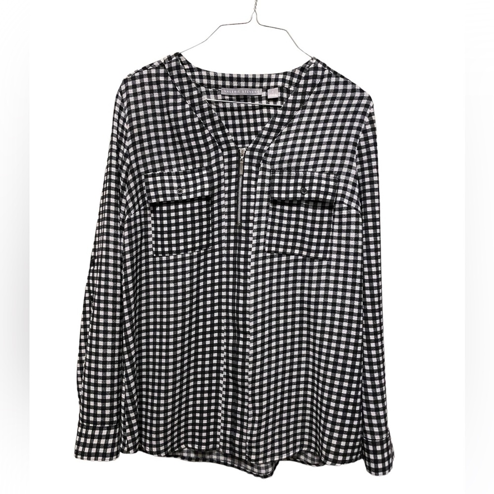 Valerie Stevens Black & White Checkered Long Sleeve Work Blouse w/ Zipper